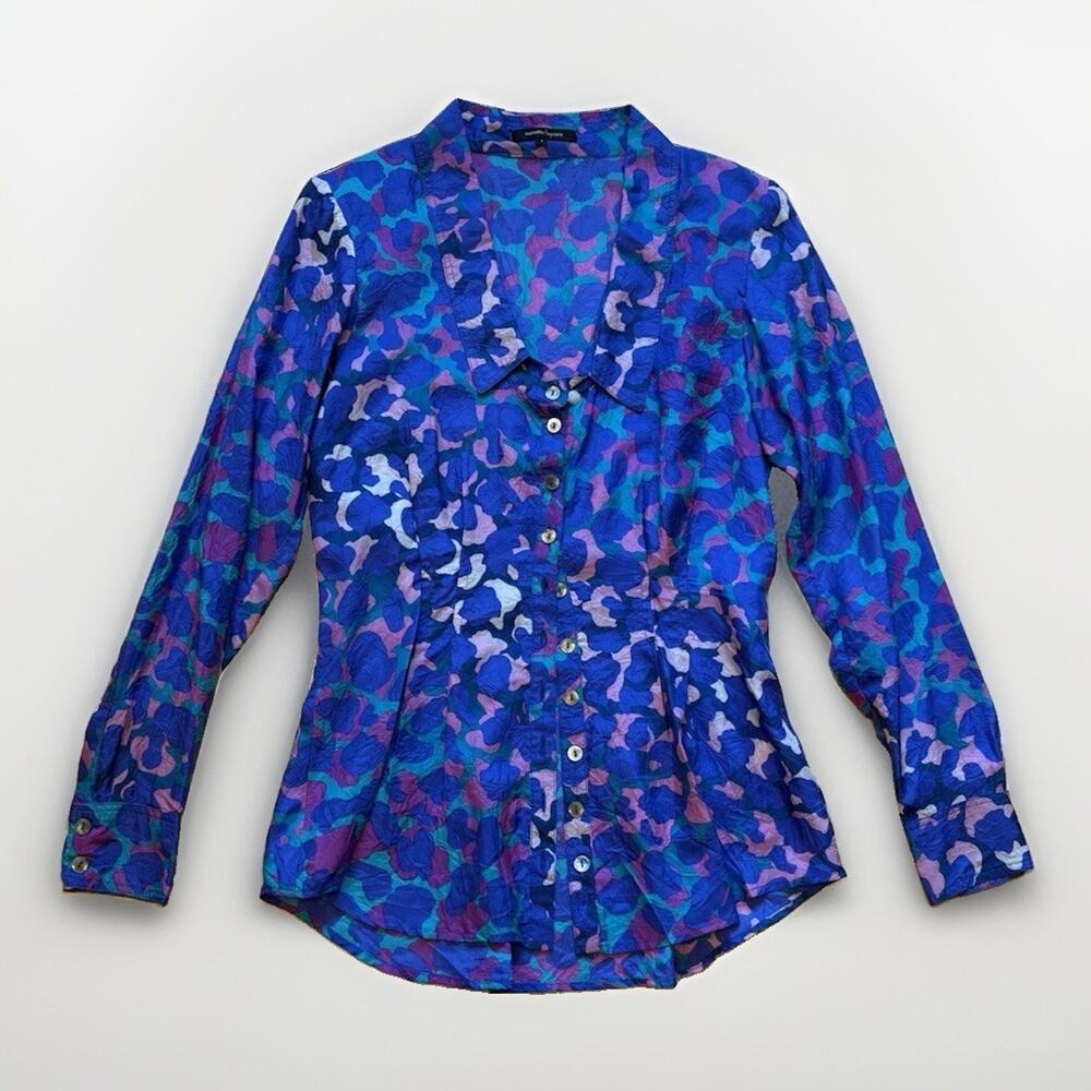 Nanette Lepore Blue Colorful Leopard Print 100% Silk Long Sleeve Blouse Jacket 4